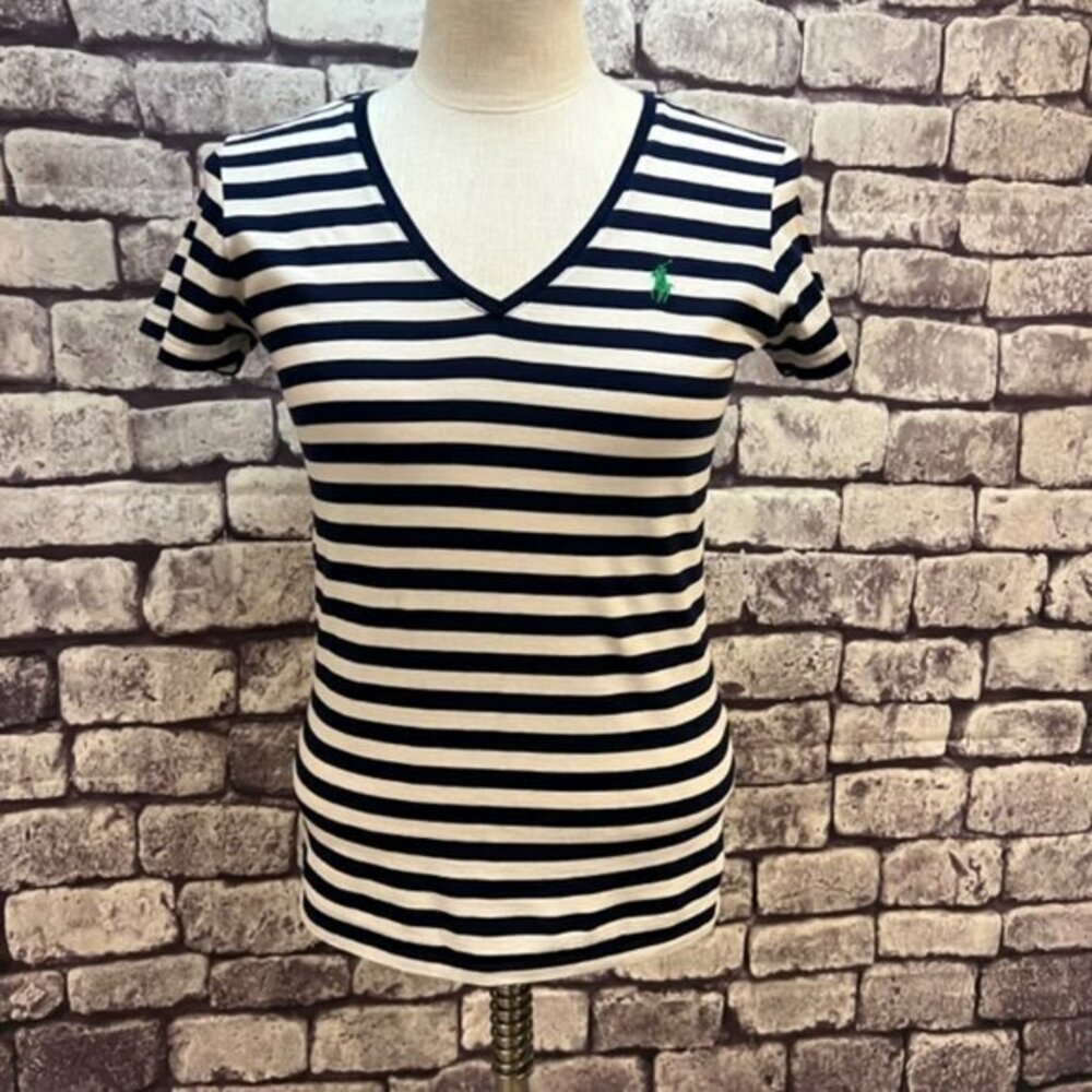 Ralph Lauren Sport Navy & White Stiped V-Neck Short Sleeve Top Size Small